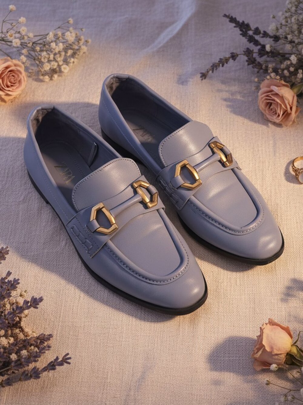 Zara Periwinkle Bit Loafer Gold Hardware Square Toe Flat